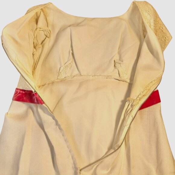 Vintage White Lace Maxi Dress Pink Velvet Waist Cap Sleeves Elegant Formal Wear - Picture 8 of 12